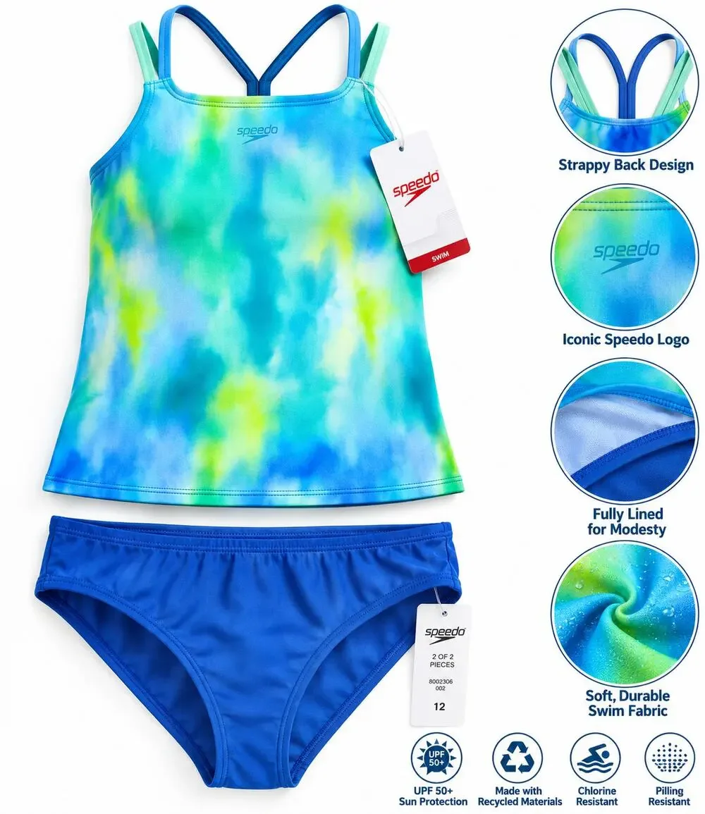 Speedo Girls Size 12 2 Piece Tankini Swimsuit Blue Green Strappy NWT UPF 50+